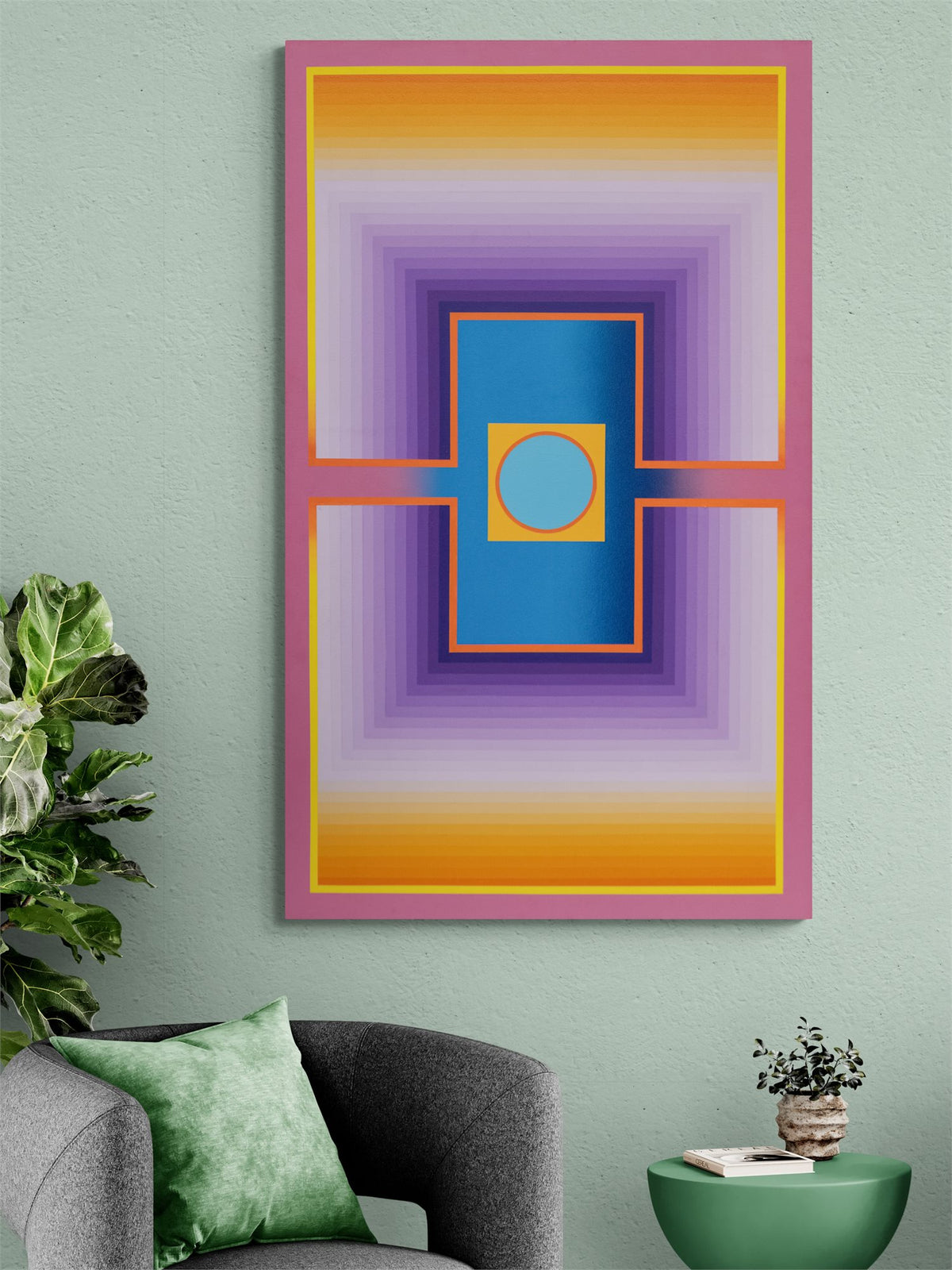 Rays (Abstract Colorist Composition in Violet, Orange, and Cerulean), Painting, circa 1975