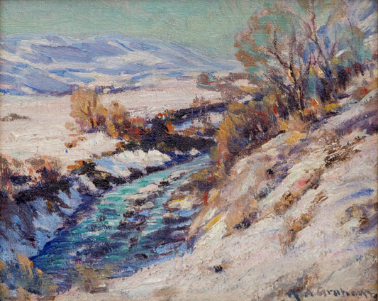 Melting Snow (Colorado Landscape with Creek and Mountains), Painting, circa 1920-1930