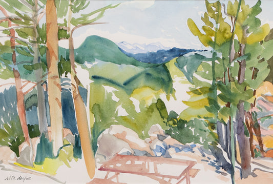 Untitled (Picnic table and Pine Trees in Mountain Landscape), Painting, circa 1990-2000
