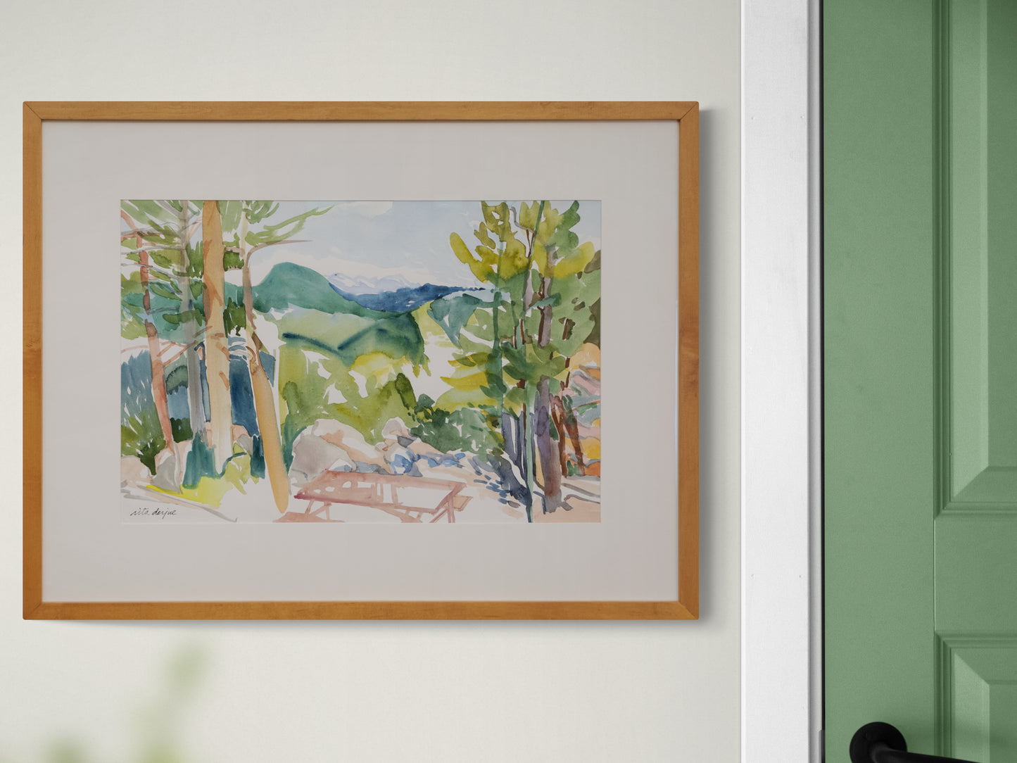 Untitled (Picnic table and Pine Trees in Mountain Landscape), Painting, circa 1990-2000