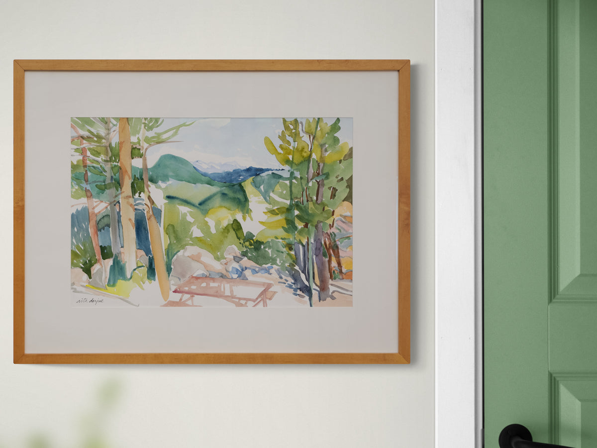 Untitled (Picnic table and Pine Trees in Mountain Landscape), Painting, circa 1990-2000