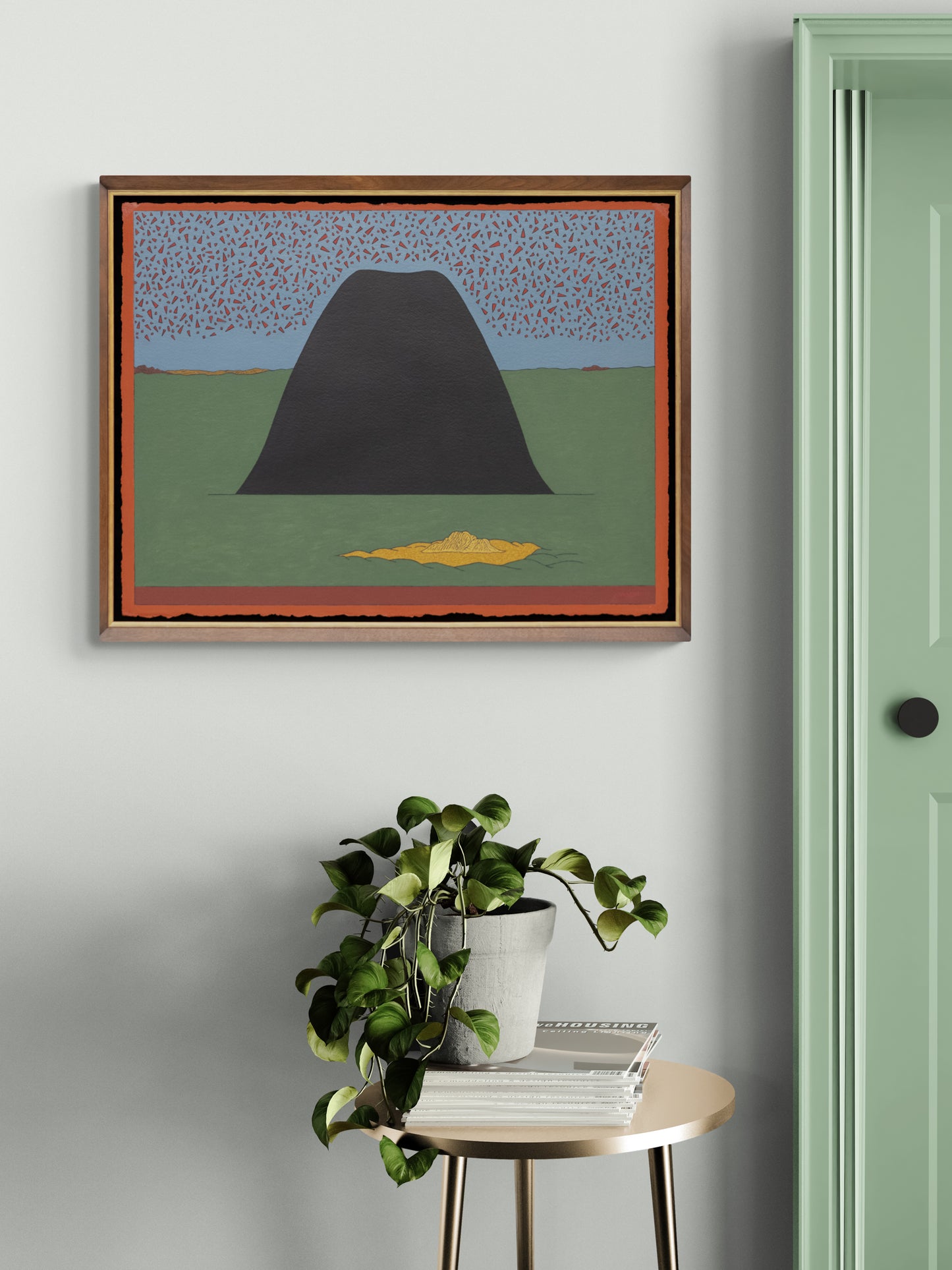 Angle of Repose (Abstracted landscape with a black mound sitting atop a green field), Painting, 2017