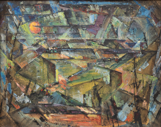 Moonrise Over Colorado Springs (Abstract composition in Green, Blue, Ochre, and Black), Painting, 1952
