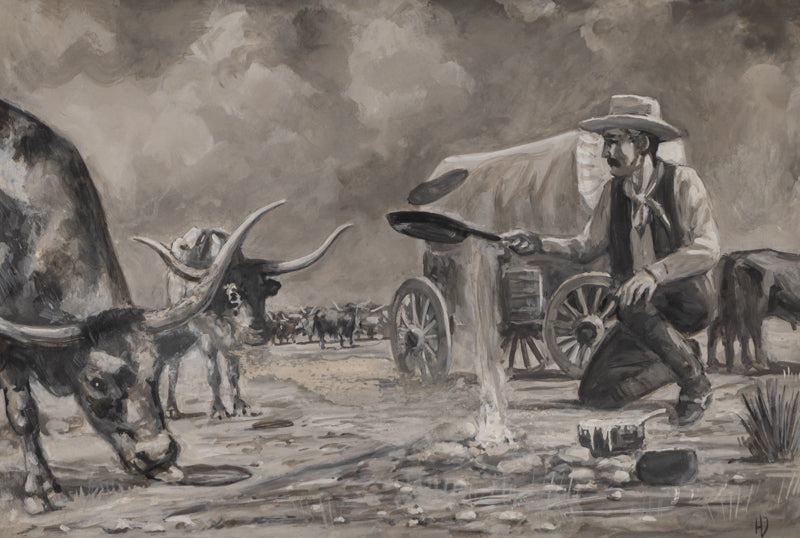 Indiscernible artwork for sale. Untitled (Cowboy & Longhorns), Painting, Denver, Colorado, Art Gallery)