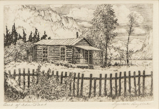 Out of the Past (View of Cabin with Trees and Mountains), Print, circa 1929-1930