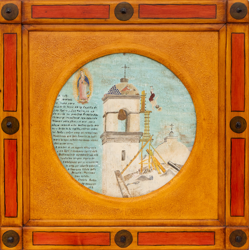 Ex Voto; Holy Tribute for the Healing from Falling off the Church Bell Tower., Retablo, dated 1934
