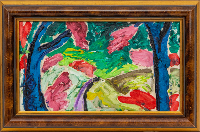 Purple Road (Semi Abstract Landscape with Hills, Road, and Trees), Painting, dated 1987