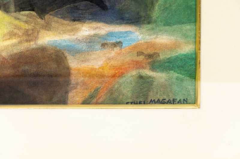 Horses by the Stream (Colorado), Painting, Ethel Magafan (1916-1993), Painting, 21 ¼ x 14 ½ inches, Shipbox: ShipBox-M, Vertical, Medium, Framed, watercolor, paper, 1950-1999, 20th CENTURY (1900-1999), Ethel, Magafan, Abstract, Animals & Wildlife, Landscape, Mountains, Women Artists, Broadmoor Art Academy - Colorado Springs Fine Arts Center, Colorado, Fine Art