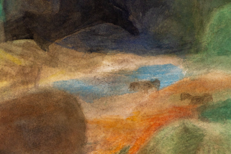 Horses by the Stream (Colorado), Painting, Ethel Magafan (1916-1993), Painting, 21 ¼ x 14 ½ inches, Shipbox: ShipBox-M, Vertical, Medium, Framed, watercolor, paper, 1950-1999, 20th CENTURY (1900-1999), Ethel, Magafan, Abstract, Animals & Wildlife, Landscape, Mountains, Women Artists, Broadmoor Art Academy - Colorado Springs Fine Arts Center, Colorado, Fine Art