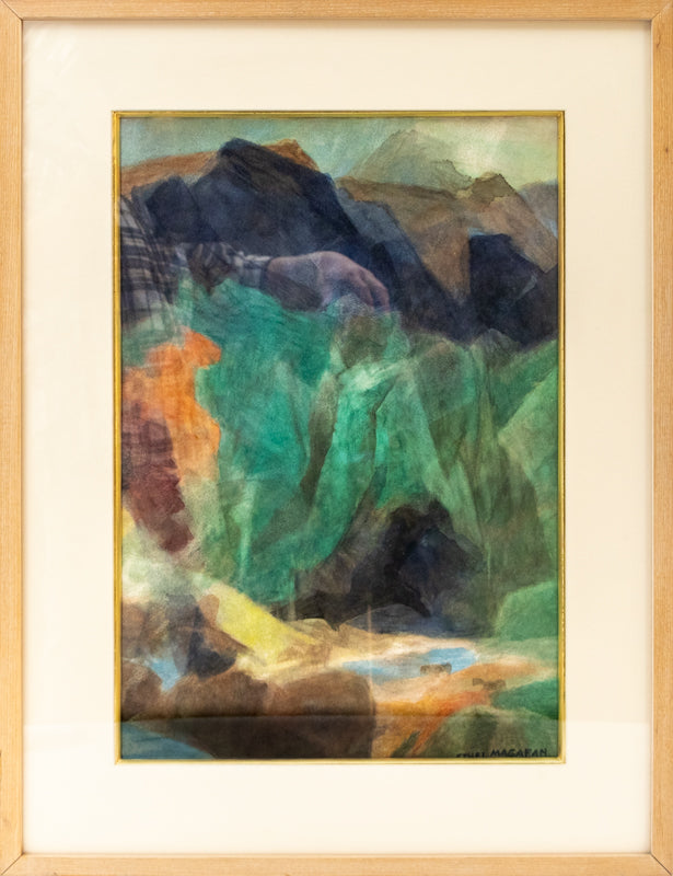 Horses by the Stream (Colorado), Painting, Ethel Magafan (1916-1993), Painting, 21 ¼ x 14 ½ inches, Shipbox: ShipBox-M, Vertical, Medium, Framed, watercolor, paper, 1950-1999, 20th CENTURY (1900-1999), Ethel, Magafan, Abstract, Animals & Wildlife, Landscape, Mountains, Women Artists, Broadmoor Art Academy - Colorado Springs Fine Arts Center, Colorado, Fine Art