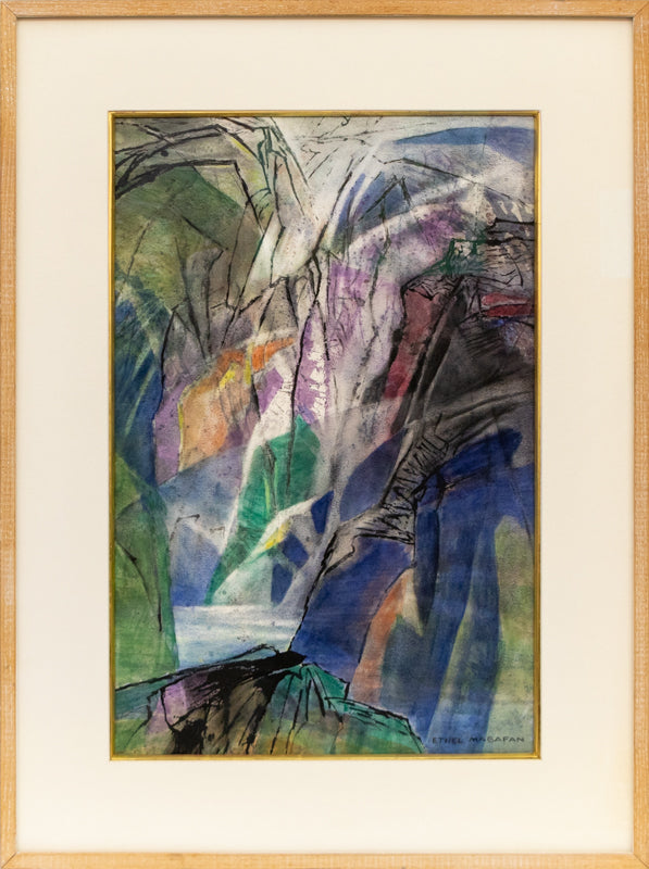 Canyon Morning (Colorado), Painting, dated 1982, Ethel Magafan (1916-1993), Painting, 22 x 14 ½ inches, Shipbox: ShipBox-M, Vertical, Medium, Framed, watercolor, paper, dated 1982, 1950-1999, 1980s, Ethel, Magafan, Abstract, Landscape, Mountains, Women Artists, Broadmoor Art Academy - Colorado Springs Fine Arts Center, Colorado, Fine Art