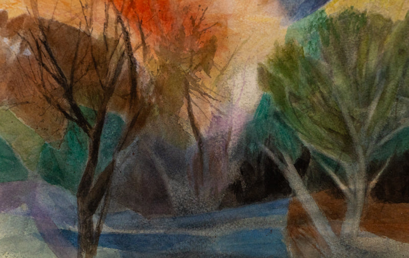 Autumn Day (Mountains and Trees in Autumn), Painting, Ethel Magafan (1916-1993), Painting, 13 ½ x 19 ½ inches, Shipbox: ShipBox-M, Horizontal, Small, Framed, watercolor, paper, 20th CENTURY (1900-1999), Ethel, Magafan, Abstract, Autumn (Fall), Landscape, Mountains, Women Artists, Broadmoor Art Academy - Colorado Springs Fine Arts Center, Colorado, Fine Art