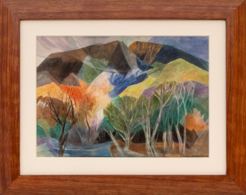 Autumn Day (Mountains and Trees in Autumn), Painting, Ethel Magafan (1916-1993), Painting, 13 ½ x 19 ½ inches, Shipbox: ShipBox-M, Horizontal, Small, Framed, watercolor, paper, 20th CENTURY (1900-1999), Ethel, Magafan, Abstract, Autumn (Fall), Landscape, Mountains, Women Artists, Broadmoor Art Academy - Colorado Springs Fine Arts Center, Colorado, Fine Art