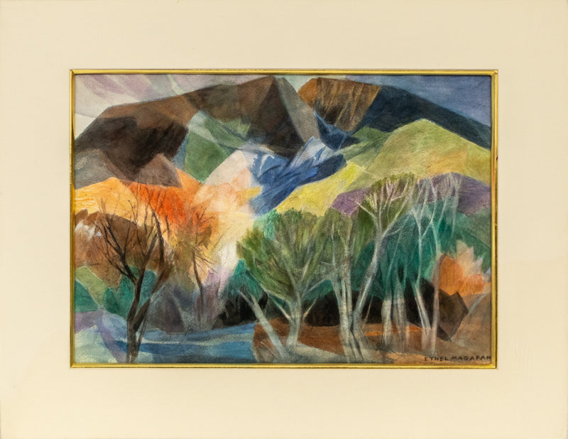 Autumn Day (Mountains and Trees in Autumn), Painting, Ethel Magafan (1916-1993), Painting, 13 ½ x 19 ½ inches, Shipbox: ShipBox-M, Horizontal, Small, Framed, watercolor, paper, 20th CENTURY (1900-1999), Ethel, Magafan, Abstract, Autumn (Fall), Landscape, Mountains, Women Artists, Broadmoor Art Academy - Colorado Springs Fine Arts Center, Colorado, Fine Art