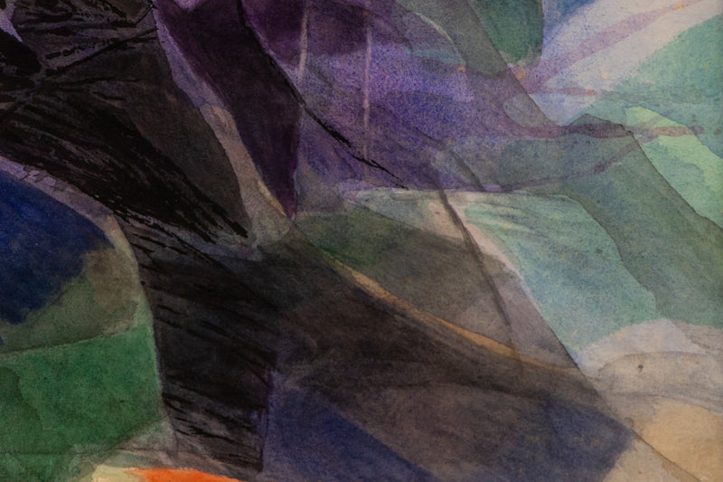 Above the Plains (Semi Abstract Colorado Landscape), Painting, circa 1970, Ethel Magafan (1916-1993), Painting, 15 ¼ x 19 ¼ inches, Shipbox: ShipBox-M, Horizontal, Small, Framed, watercolor, paper, circa 1970, 1950-1999, 1960s, 1970s, 1980s, 20th CENTURY (1900-1999), Ethel, Magafan, Abstract, Landscape, Mountains, Women Artists, Broadmoor Art Academy - Colorado Springs Fine Arts Center, Colorado, Fine Art