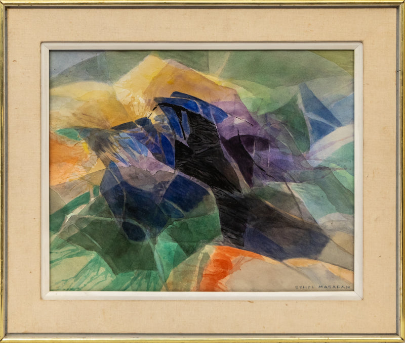 Above the Plains (Semi Abstract Colorado Landscape), Painting, circa 1970, Ethel Magafan (1916-1993), Painting, 15 ¼ x 19 ¼ inches, Shipbox: ShipBox-M, Horizontal, Small, Framed, watercolor, paper, circa 1970, 1950-1999, 1960s, 1970s, 1980s, 20th CENTURY (1900-1999), Ethel, Magafan, Abstract, Landscape, Mountains, Women Artists, Broadmoor Art Academy - Colorado Springs Fine Arts Center, Colorado, Fine Art