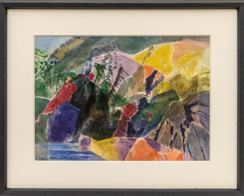Springtime (Colorado), Painting, circa 1970, Ethel Magafan (1916-1993), Painting, 9 ¾ x 13 ¾ inches, Shipbox: ShipBox-S, Horizontal, Small, Framed, watercolor, paper, circa 1970, 1950-1999, 1960s, 1970s, 1980s, 20th CENTURY (1900-1999), Ethel, Magafan, Abstract, Landscape, Mountains, Women Artists, Broadmoor Art Academy - Colorado Springs Fine Arts Center, Colorado, Fine Art
