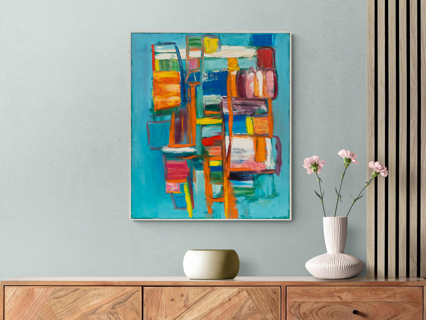 Jacob Ladder (Abstract in Pink, Red, Orange, Yellow, and Blue), Painting, dated 1964