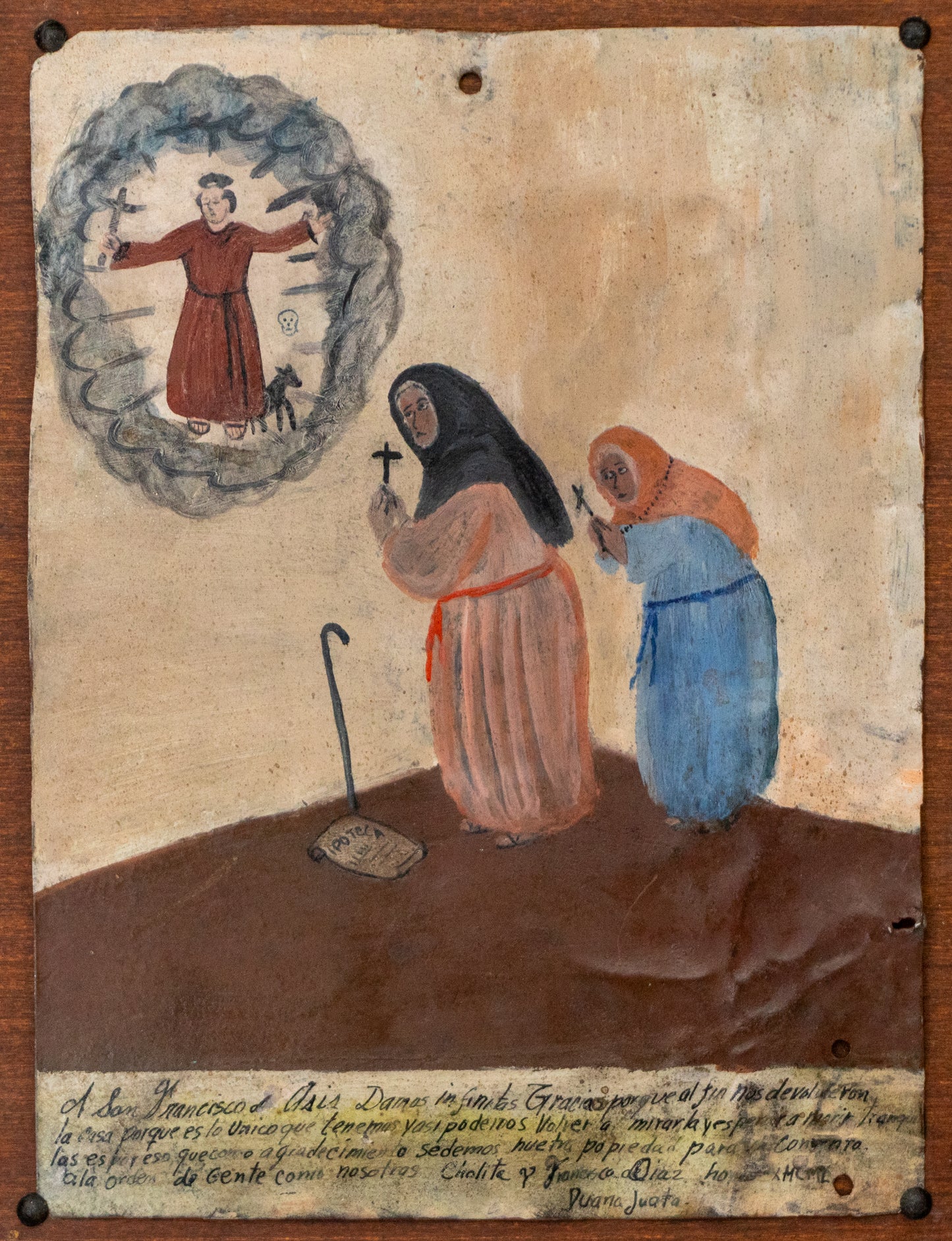 artwork for sale. Ex-Voto; Giving Thanks to St. Francis of Assisi for Returning Our Home, Retablo, dated 1955, Denver, Colorado, Art Gallery)