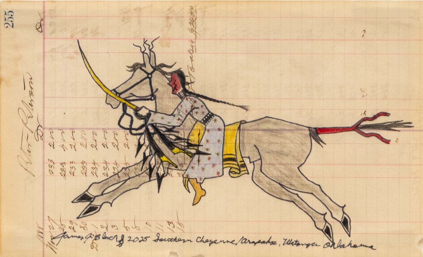 Warrior Woman on Horseback, James Black (Cheyenne), dated 2025, colored pencil and ink on paper Ledger Art