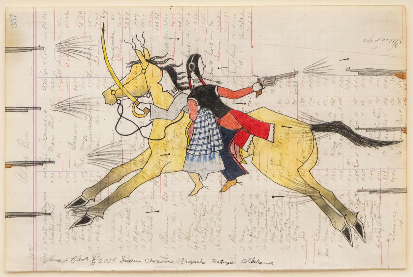 Buffalo Calf Road Woman and Chief Comes in Sight, James Black (Cheyenne), dated 2025, colored pencil on paper Ledger Art