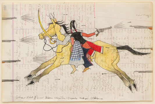 Buffalo Calf Road Woman and Chief Comes in Sight, James Black (Cheyenne), dated 2025, colored pencil on paper Ledger Art