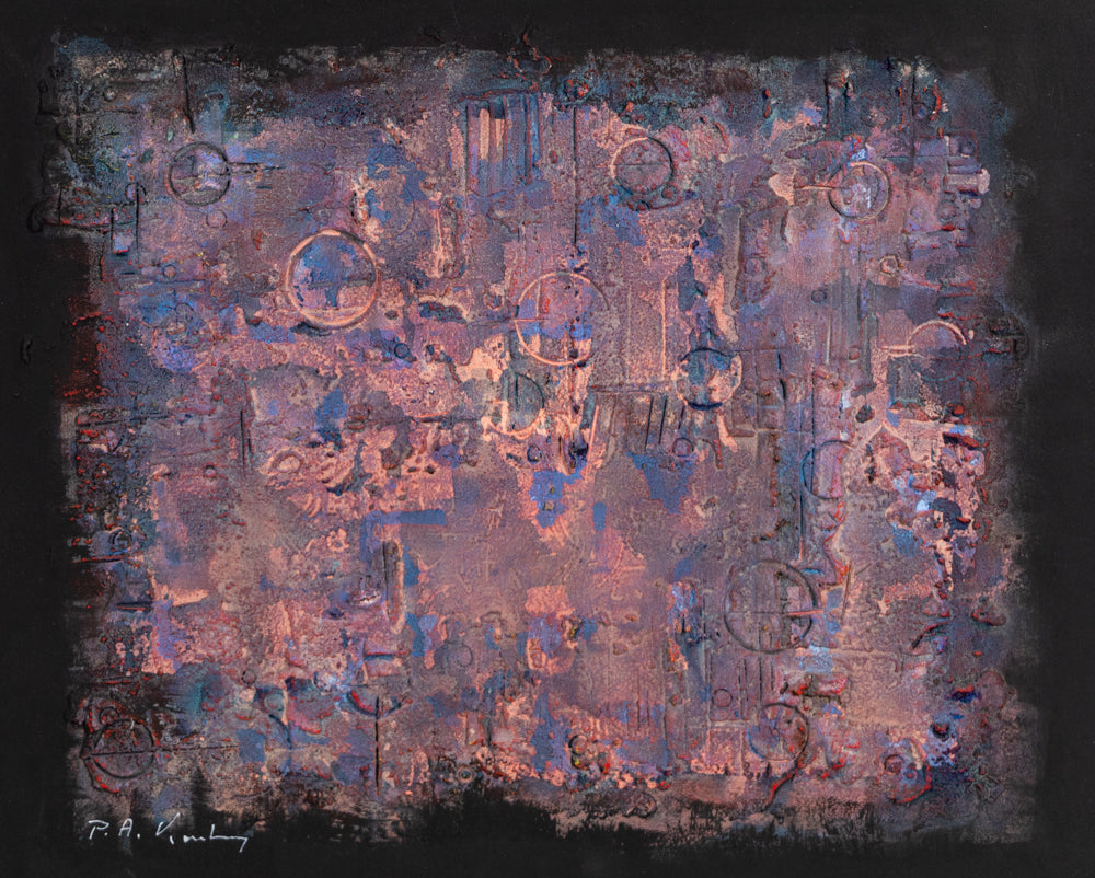 Pawel Kontny, Untitled (Cosmos Series) Pink and Periwinkle Abstract, circa 1980, mixed media and oil on masonite Painting