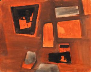 Charles Bunnell, painting, Abstract in Orange, Black and Gray, oil, 1959, 1950s, midcentury, mid century, modern, abstract, figural abstraction, Fine art, for sale, vintage, original, historic, antique, gallery, art, Denver, Colorado, broadmoor academy, colorado springs fine arts center, charles ragland bunnell 