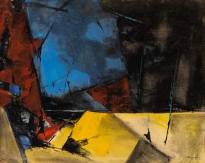 Charles Bunnell, painting, Abstract Expressionist Composition in Yellow, Blue Red and Black, oil, 1959, midcentury, mid century, modern, abstract, abstract expressionist, expressionism, charles ragland bunnell, Fine art, for sale, vintage, original, historic, antique, gallery, art, Denver, Colorado, broadmoor academy, colorado springs fine arts center