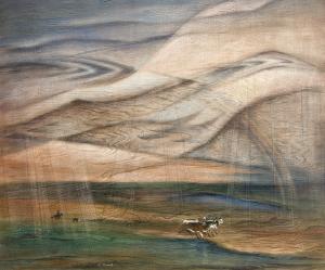 archie musick vintage colorado landscape painting, cows, horse, rider, rain, prairie, plains