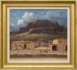 Eliot Candee Clark, "Pueblo Near Santa Fe (New Mexico)", oil painting circa 1932 for sale, framed new mexico landscape painting, southwest landscape painting with buildings and mountain