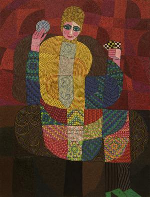 Edward Marecak, The Fortune Teller, oil painting, art for sale, 1991, vintage, abstract, cubist, modern, female figure, gypsy, tarot, turbin, red, yellow, gold, green, blue, brown, pink, purple