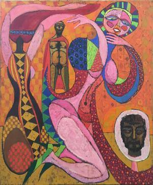 Edward Marecak, "Salome with the Head of John the Baptist", oil, 1962, painting, vintage, art for sale, nude, abstract, orange, yellow, pink, red, brown, black, green, blue
