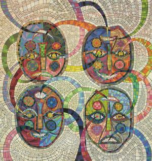 Edward Marecak, "Floating Heads", oil, circa 1990's, abstract art for sale, cubist, mosaic, denver art, white, green, blue, purple, orange, yellow, ivory, pink