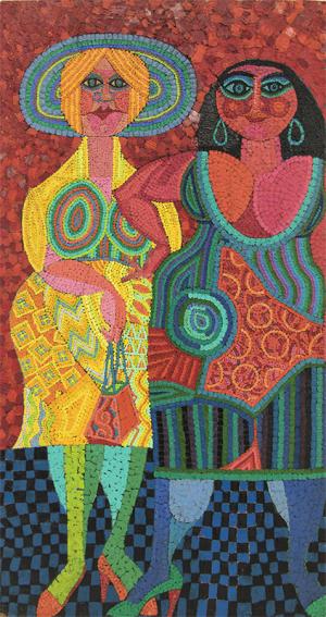 Edward Marecak, Two Mothers Going To The PTA, oil, painting, figurative, cubist, modern, 1980s, Art, for sale, Denver, Colorado, gallery, purchase, vintage