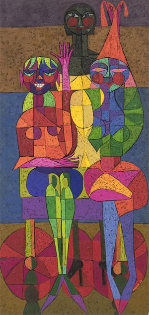 Edward Marecak painting for sale, "The Three Fates Decide On The PTA", oil, 1968, vintage art, parent teacher association, abstract, cubist, primary colors