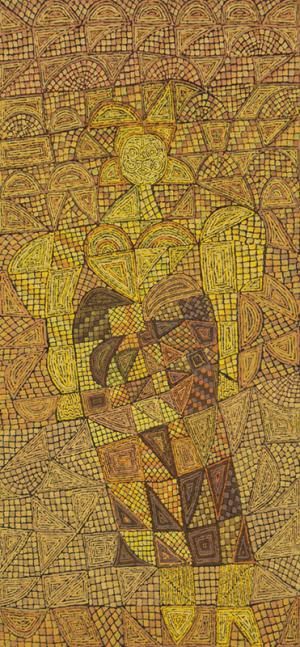 Edward Marecak, The Gold Witch, oil painting, for sale, 1980s, vintage art, denver, colorado, modernist, abstract, cubist, yellow, gold, brown, green, orange