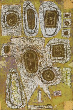 Edward Marecak, "Golden Seeds", painting, 1960s, abstract, midcentury, mid-century, modern, gold, yellow, Fine art, art, for sale, buy, purchase, Denver, Colorado, gallery, historic, antique, vintage, artwork, original, authentic 
