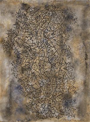 Ward Lockwood abstract painting for sale, "Web", mixed media, original signed, vintage circa 1950, mid-century modern