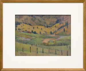 John Edward Thompson, "Colorado", colored pencil, 1914 original signed painting fine art for sale mountain landscape colorado landscape with greens yellows and brown