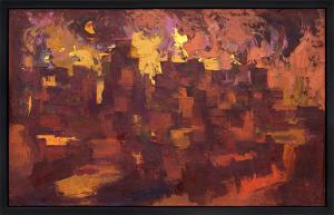 Howard Cook, vintage painting for sale, abstract, Taos Pueblo, Firelight, New Mexico, oil, circa 1950-1970, mid-century modern, art, red, orange, yellow, mustard, black