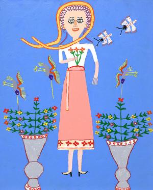 Martin Saldana, "Lovely Gal", oil painting, butterfly, flower, hummingbird, blue, pink, female figure