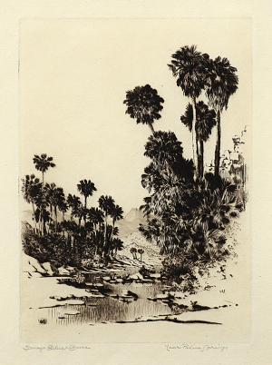 George Elbert Burr, Palm Canyon Near Palm Springs , Desert Set, etching, circa 1921, engraving, fine art, for sale, denver, gallery, colorado, antique, buy, purchase