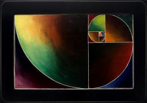 Chase Varney, Logarithmic Spiral, oil, circa 1970-1979, painting, modernist, midcentury, modern, abstract, Art, for sale, Denver, Colorado, gallery, purchase, vintage, colorado springs fine arts center, broadmoor academy, black, green, yellow red, blue, purple