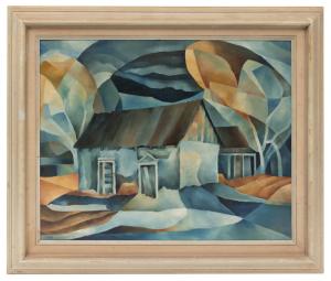 Alice Seely, Adobe Home, New Mexico, oil, painting, Vintage, Fine art, for sale, purchase, gallery, museum, Denver, Colorado, consign, woman, female, artist, modern, modernist, house, trees, landscape, blue, gray, gold, brown