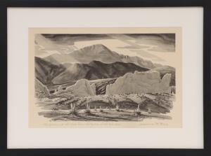 Laurence Field, Garden of the Gods from the Garden of the Gods Club, Colorado, Colorado Springs, Mountain, landscape, rain, trees, rocks,  lithograph, circa 1950, Art, for sale, Denver, Colorado, gallery, purchase, vintage, black, white, framed