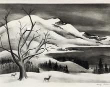 Adolf Arthur Dehn, "Deer and Snow Mountain, edition of 250", lithograph, c. 1949