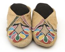Antique Moccasins, Prairie, circa 1850, classic period, 19th century, Native American, Indian, Beaded, Northeast, Woodlands, beadwork, hide, ribbon, glass trade bead, blue, red, green, pink & yellow, purple, green, cuffs, soft sole