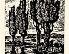 Sven Birger Sandzen, "Brook with Poplars", linoleum cut, 1932