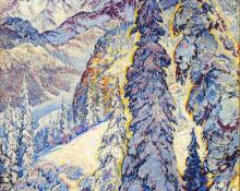 Grace Russell Raymond, "Untitled (Mountains in Winter)", oil, c. 1930
